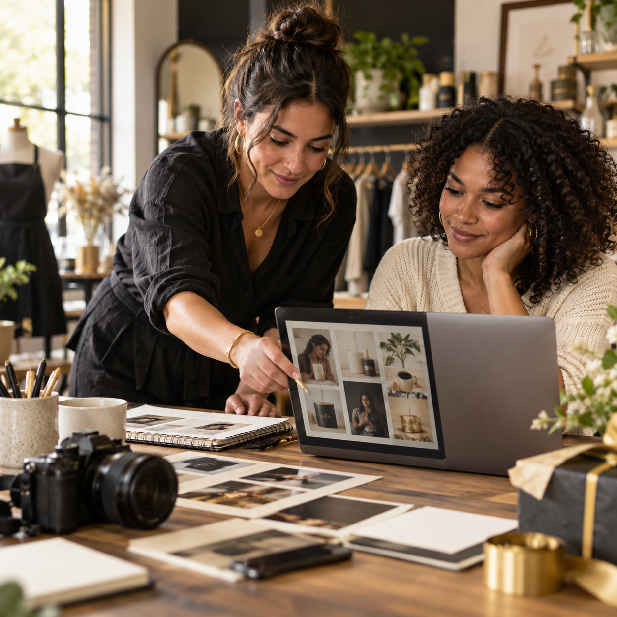 Small-business owners reviewing product supplies